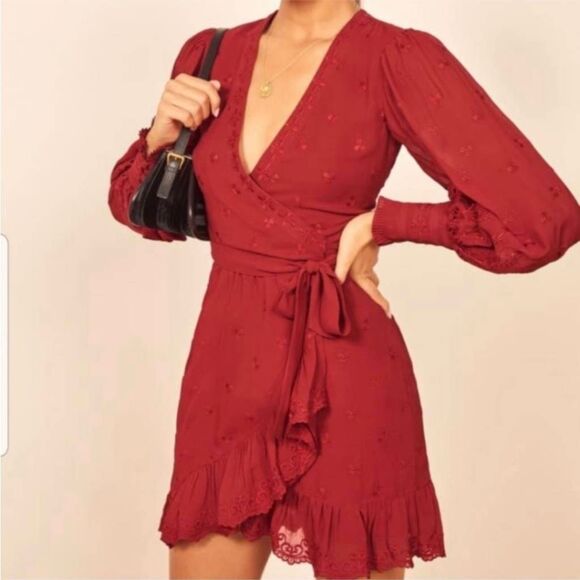 Reformation Clare Wrap Mini Dress Crimson Red S Small Long Sleeve Embroidered - Picture 1 of 13